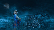 Load image into Gallery viewer, Young girl wearing a superhero cape and standing in a futuristic space landscape
