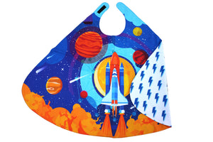 Space shuttle superhero cape with the side folded over showing the reverse