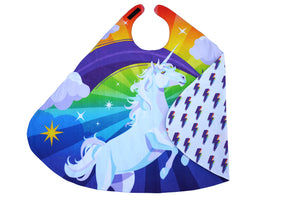 Unicorn superhero cape with the side folded over displaying the reverse lightning bolt print.